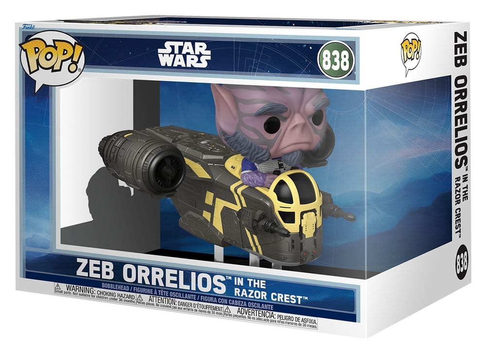 Star Wars: The Mandalorian and Grogu POP! Rides Deluxe Vinyl figurine Bobble Head Zeb Orrelios in the Razor Crest 9 cm